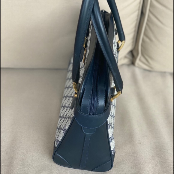 Vintage GUCCI Navy Blue Leather GG Satchel Tote - Picture 14 of 16